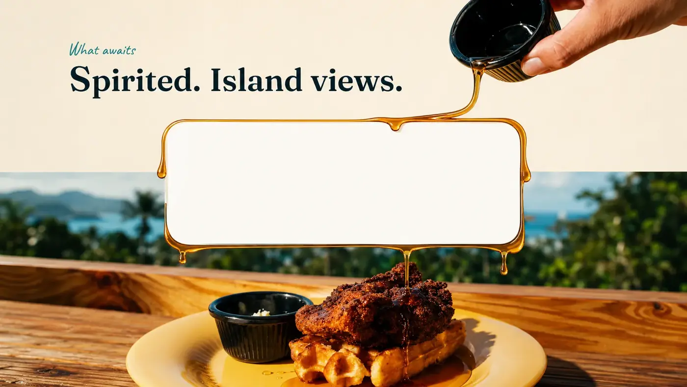 Chicken and waffles on the Drifters deck with honey pouring over a floating card that reads Spirited. Island views.