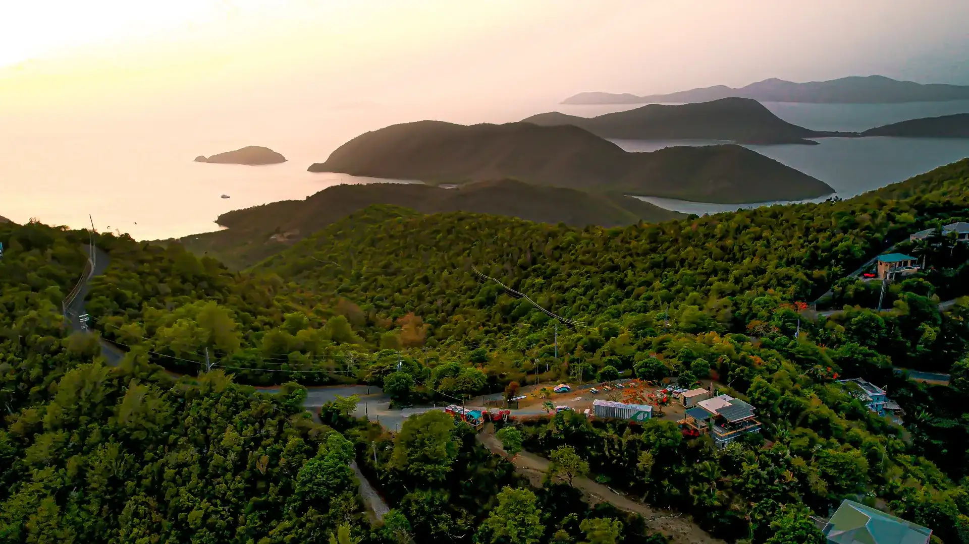 Panoramic sunset view from 760 ft elevation on St. John, USVI